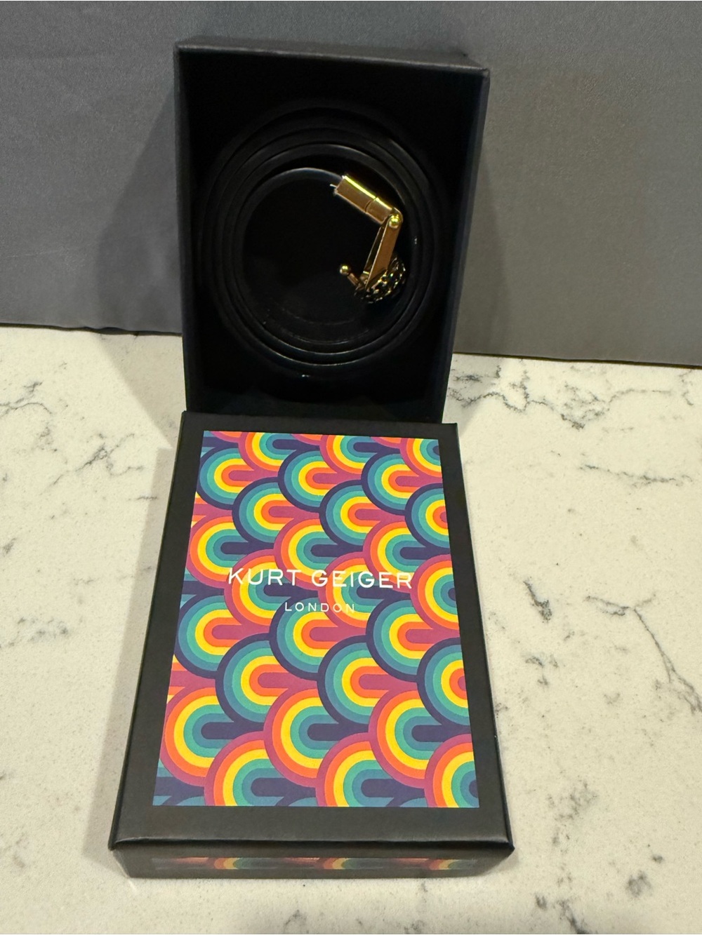 Kurt Geiger Metallic Black-Brown Leather Belt with Gold Bird-Head Buckle